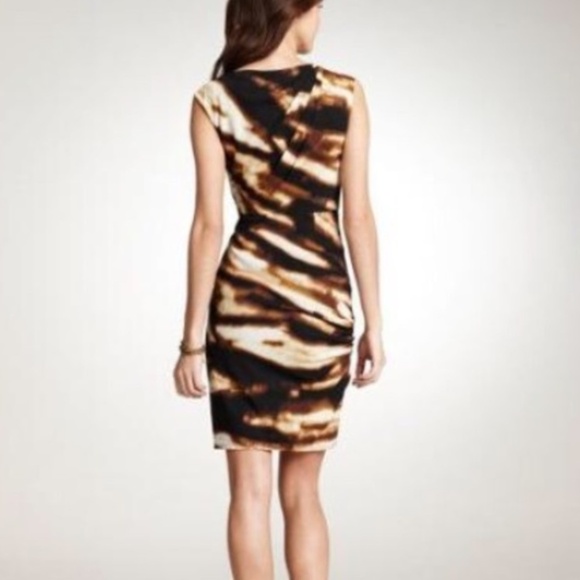 Ann Taylor Sheath Dress Silk Ruched Sides Sleeveless Neutral Black Brown Cream - Picture 2 of 13